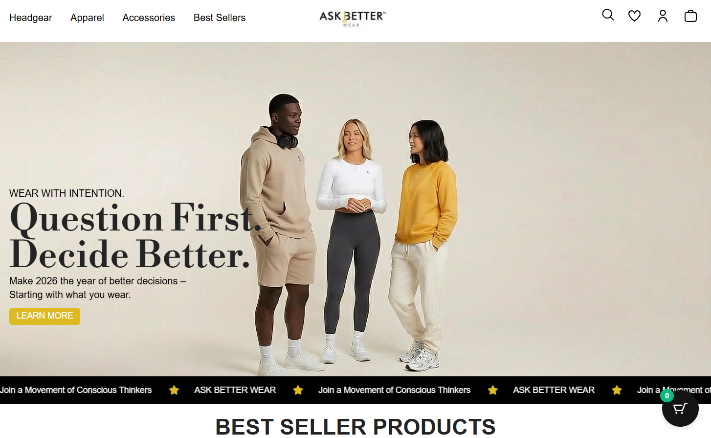ASK BETTER WEAR homepage screenshot with category navigation, centered brand logo, fashion campaign hero and best seller heading