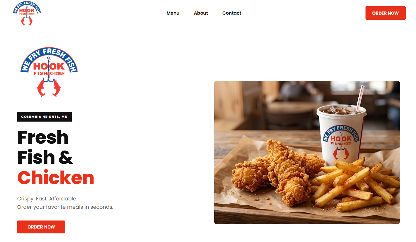 Hook Fish & Chicken homepage screenshot with restaurant logo, menu navigation, red order buttons and a food hero image